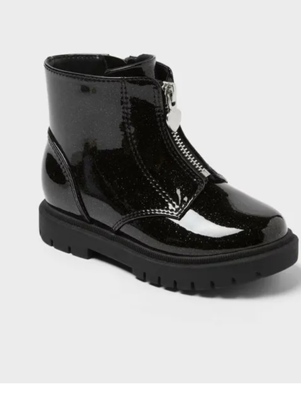 Cat & Jack Black Glitter Patent Zip-Front Ankle Boots